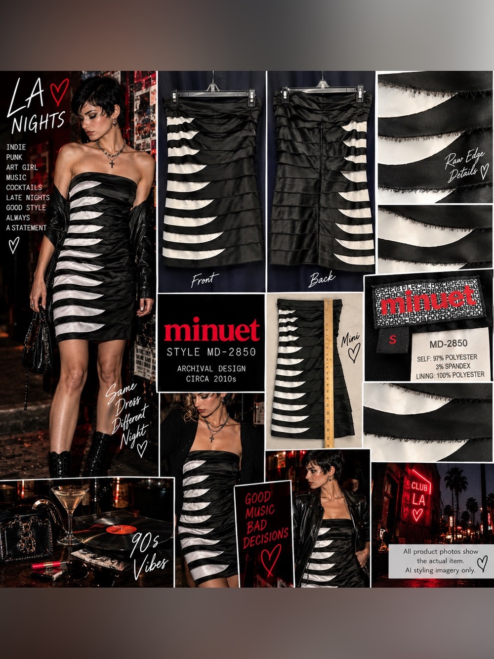 Minuet Strapless Mini Dress S Black White Satin Raw Edge Indie Punk MD-2850 LA S